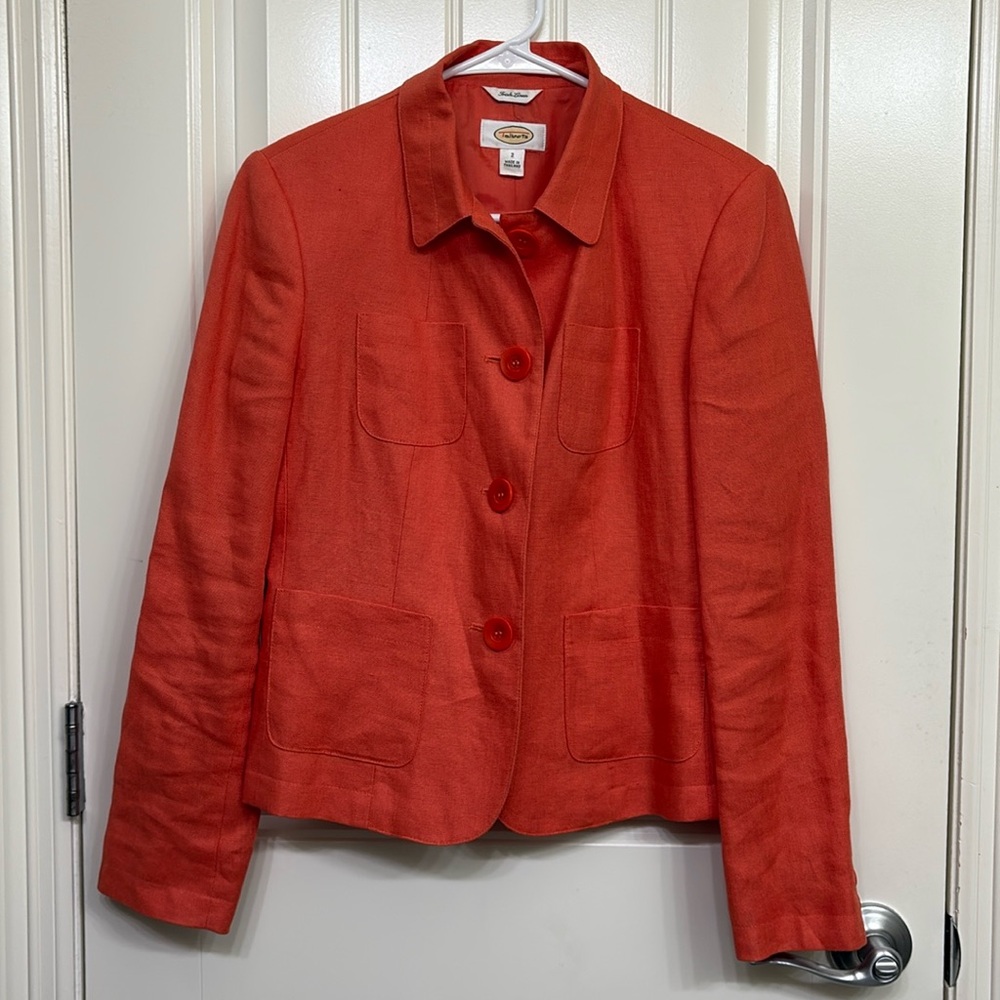 Talbots Orange Blazer Jacket Irish Linen Collared Button Front Size 2 Pockets